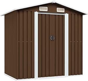 vidaXL Brown Metal Garden Storage Shed, Galvanized Steel Construction, Complete with Vents and Double Sliding Doors, Easy Assembly, Large Capacity for Tools and Equipment