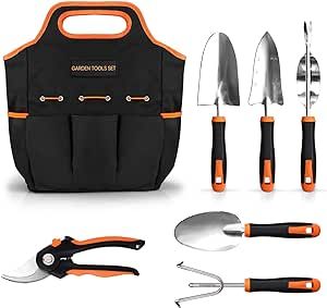 Garden Tools, ENGiNDOT 7 Pcs Stainless Steel Heavy Duty Multi Garden Tool Set, Gardening Tools with Water Proof and Never Mould Tote, Gardening Gifts for Men and Women, Indoor and outdoor Plant