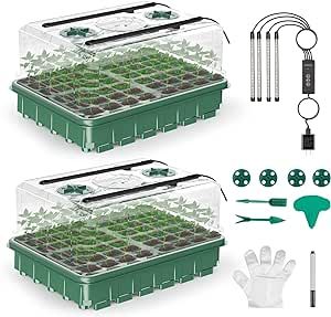 ZMHOO 2PCs Seed Starter Trays with Humidity Domes 96 Cells Seedling Starter Kit with Adjustable Grow Light Plant Starter Kit&Base with 2 Garden Tools&20 Plant Labels Mini Greenhouse Germination