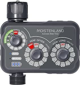 Moistenland Sprinkler Timer, Hose Timer, Lawn & Garden Watering Equipment, Programmable Water Timer with Rain Delay/Manual/Automatic Irrigation System, IP54 Waterproof