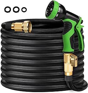 50ft Expandable Garden Hose, Lightweight Gardening Flexible Hose Pipe, Solid Brass Fittings, 2.2X Expanding Flexible Latex Water Hose with Spray Nozzle -Black