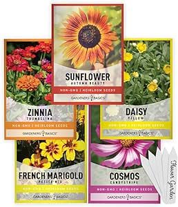 Flower Garden Seeds for Planting Outdoors Flower Seeds (5 Variety Pack) Daisy, Marigold, Cosmos, Sunflower, Zinnia Varieties for Bees, Pollinators Wildflower Seed by Gardeners Basics
