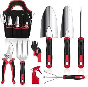 Gardening Tools, MOXILS 9 Pieces Stainless Steel Heavy Duty Tool Set with Non-Slip Rubber Grip, Storage Tote Bag, Outdoor Hand Tools, Ideal Garden Kit Gifts for Parents and Kids.