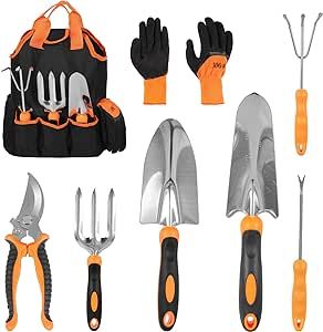 Whonline Garden Tools Set of 9, Complete Gardening Tools Kit, Gardening Gifts, Comes with Non-Slip Rubber Grip Storage Tote Bag
