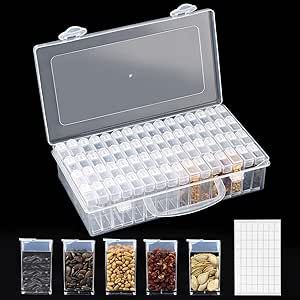 64 Slots Plastic Seed Storage Box Organizer with Label Stickers(seeds not included), Seed Container Storage use for Flower Seeds,Vegetable Seeds, Clover Seeds, Basil Seeds, Tomato Seeds