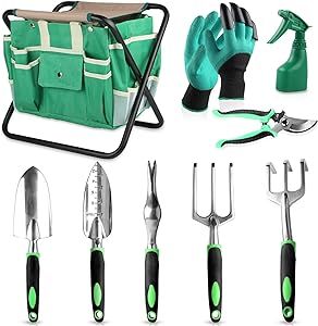 Wofeili 9 PCS All-in-one Garden Tools Set, Heavy Duty Cast-Aluminium Alloy Gardening Tools Kit with Folding Stool Seat&Detachable Canvas Tool Bag Great Gifts for Gardening Lovers