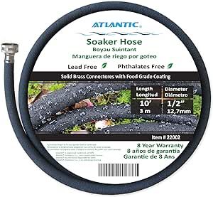 Atlantic Short Soaker Hose 1/2 IN.x10FT, Solid Brass Connectors with Food Grade Coating, Keep Your Plants Healthy