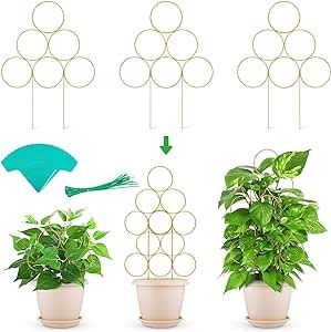 GROWNEER 3 Pack Small Garden Trellis for Potted Plants, 15.7" Indoor Plant Trellis, Stackable Houseplant Trellis Climbing Plant Support with 20Pcs Cable Ties & 15Pcs Plant Labels, Golden
