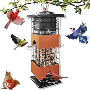 Bird Feeder for Outdoors Hanging, Squirrel Proof Bird Feeders with 4 Feeding Ports 2.5 Lbs Seed, Metal Birds Feeder for Outside Garden Yard Decor, Wild Birds Feeder for Cardinal, Finch, Sparrow