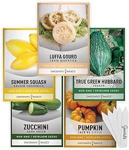 Gourd, and Pumpkin Seeds to Plant - 5 Variety Luffa Gourd, Hubbard, Mini Pumpkin, Zucchini, Crookneck, Great for Gourd Seed for Planting Summer, Fall, Pumpkin Seeds for Planting by Gardeners Basics