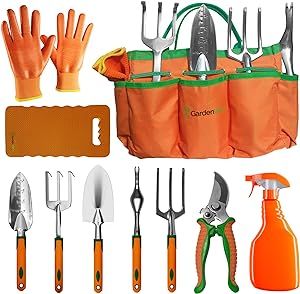 Gardening Hand Tool Set, 10 Pack Stainless Steel Kit with Tote Bag, Planting Accessories, and Lawn Care Tools - for Men and Women Gardeners - for Outdoor Garden Works and Yard Planting by GardenWerx