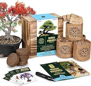 Bonsai Tree Seed Starter Kit - Mini Bonsai Plant Growing Kit, 4 Types of Seeds, Potting Soil, Jute Bags, Pruning Shears Scissor Tool, Plant Markers, Wood Gift Box, Fathers Day Gardening Gifts Ideas