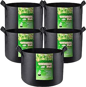 VIVOSUN 5-Pack 7 Gallon Grow Bags Heavy Duty Thickened Nonwoven Fabric Pots with Handles Black