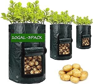 YQLOGY Potato-Grow-Bags, Garden Vegetable Planter with Handles&Access Flap for Vegetables,Tomato,Carrot, Onion,Fruits,Potatoes-Growing-Containers,Ventilated Plants Planting Bag (3 Pack- 10gallons)
