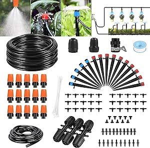 Drip Irrigation Kit, 43m/141ft Garden System with Adjustable Nozzle Plant Hose Water Sprinkler & Automatic Watering Kit Misting Cooling for Greenhouse, New-Black