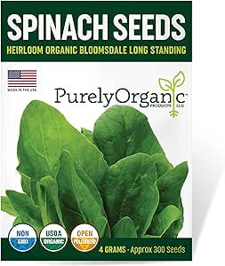 Purely Organic Spinach Seeds (Bloomsdale Long Standing) - Approx 300 Seeds - Certified Organic, Non-GMO, Open Pollinated, Heirloom, USA Origin