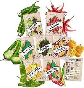 Hot Pepper Seeds Variety 7 Pack — Includes Cayenne, Anaheim, Jalapeno, Hungarian Wax Pepper, Habanero, Serrano and Poblano — Heirloom Chili Seed Packets for Planting in Your Organic Garden