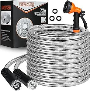 HDKing Garden Hose 75 FT - Flexible Metal Hose with 10 Function Nozzle, Kink Free, Lightweight, Durable, Crush Resistant Fitting, Easy to Coil, Puncture Proof Hose for Yard, Rv, 600 PSI - 2023 Model