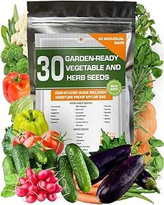 Garden-Ready Vegetable and Herb Seeds - Heirloom Non-GMO Collection for Planting Outdoor, Indoor, Hydroponic - Cucumber, Large Cherry Tomatoes, Beans, Eggplant, Cilantro, Chives, Mint, and More