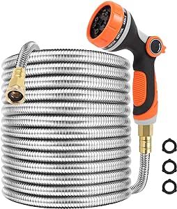 SPRIKIR Flexible Kink Free Garden Hose 50FT, Lightweight Stainless Steel Water Hose, Solid Copper Yard Hose with 10 Function Sprayer Nozzle (50ft)