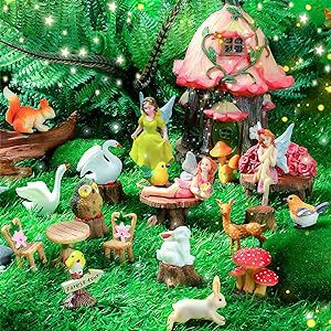 Soaoo 25 Pcs Fairy House Fairy Garden Accessories Kit 6.5'' Large Fairy House Fairy Animals Garden Fairies Figurines Fairy Garden Supplies Garden Fairy House Decor Outdoor Micro Landscape Ornaments