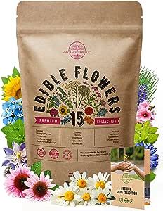 15 Edible Flower Seeds Variety Pack for Planting Indoor & Outdoors. 2900+ Non-GMO Heirloom Flower Garden Seeds: Borage, Bishop's Flower, Chicory, Chives, Hyssop, Echinacea, Lavender Seeds & More