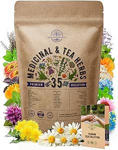 35 Medicinal & Tea Herb Seeds Variety Pack for Planting Indoor & Outdoors. 8200+ Non-GMO Heirloom Herbal Garden Seeds: Anise, Bergamot, Borage, Cilantro, Chamomile, Dandelion, Rosemary Seeds & More